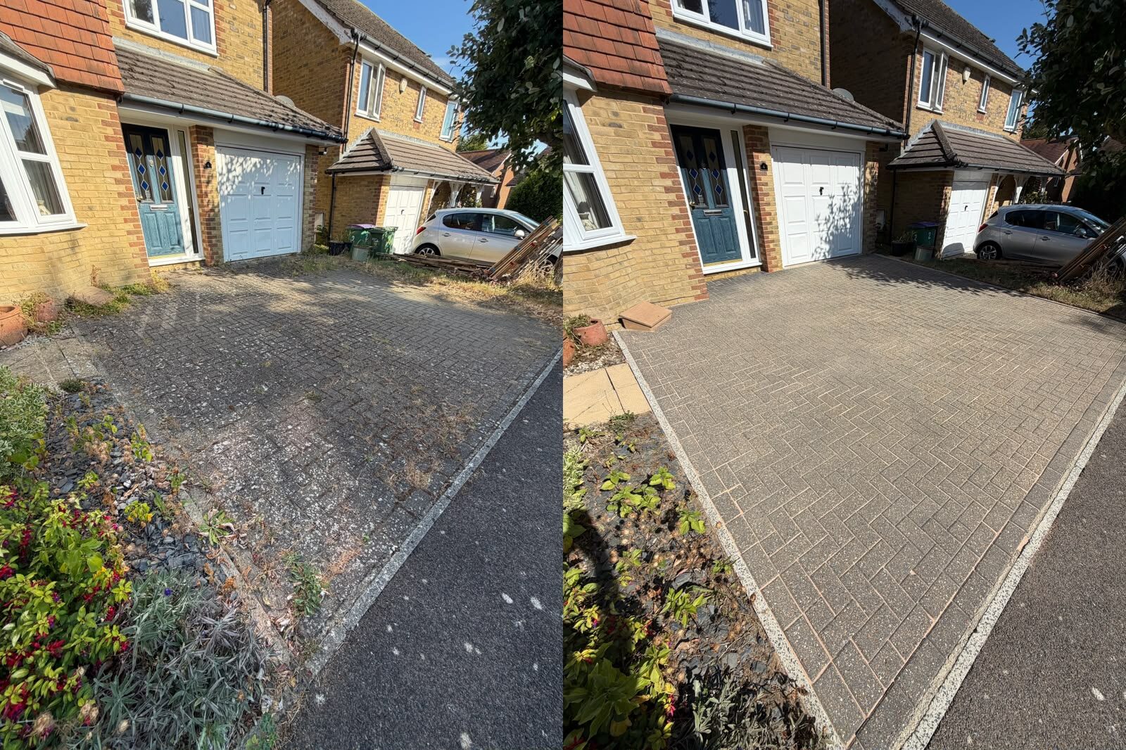 Before and after of the front driveway from the roadside, showing dirt and moss removed from the block paving