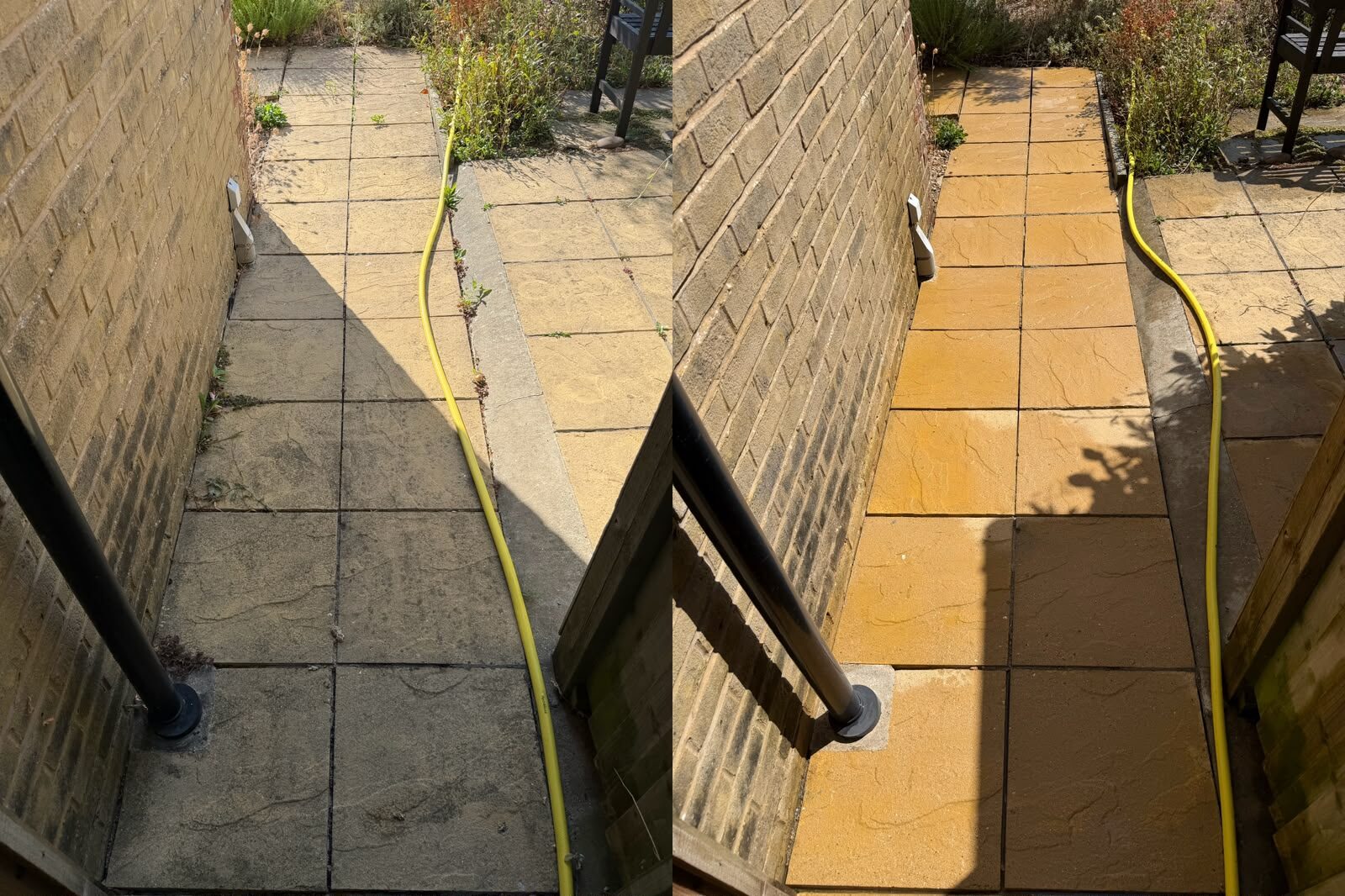 Before and after of a narrow side path alongside the house cleaned of dirt and green build-up
