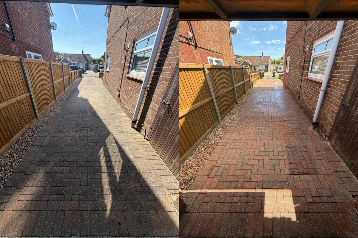 Before-and-after comparison of a block-paved side drive between two houses