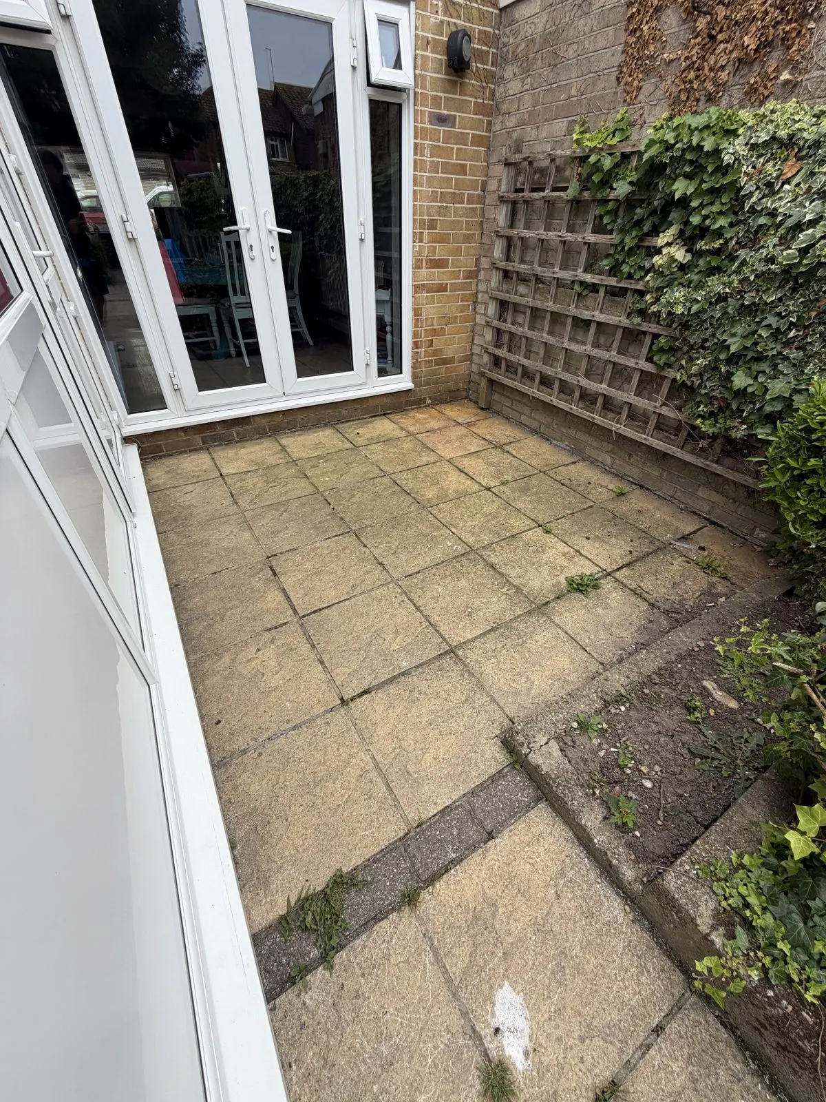 Rear patio before cleaning, with dull grey dirt and organic growth on the slabs