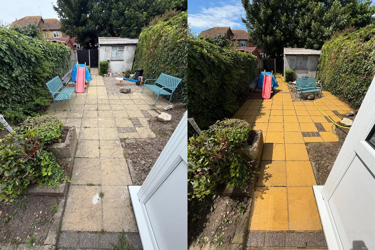 Before and after of a paved garden patio and path, darker and dirtier on the left and visibly cleaner on the right, with hedge, benches, slide and shed behind