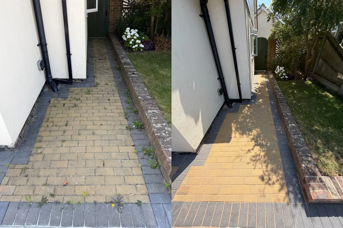Before-and-after comparison of a block-paved side path