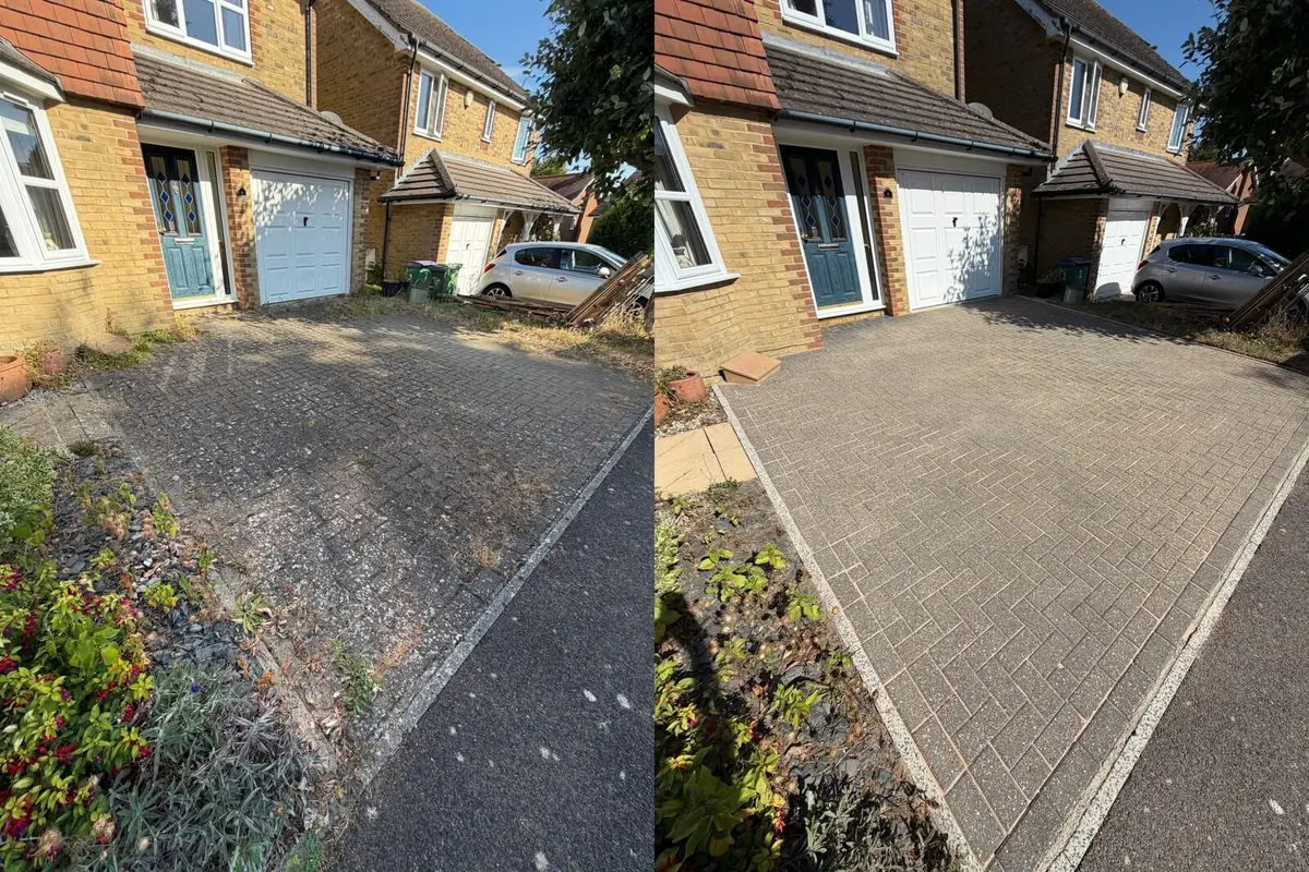 Before and after of the front driveway from the roadside, showing dirt and moss removed from the block paving