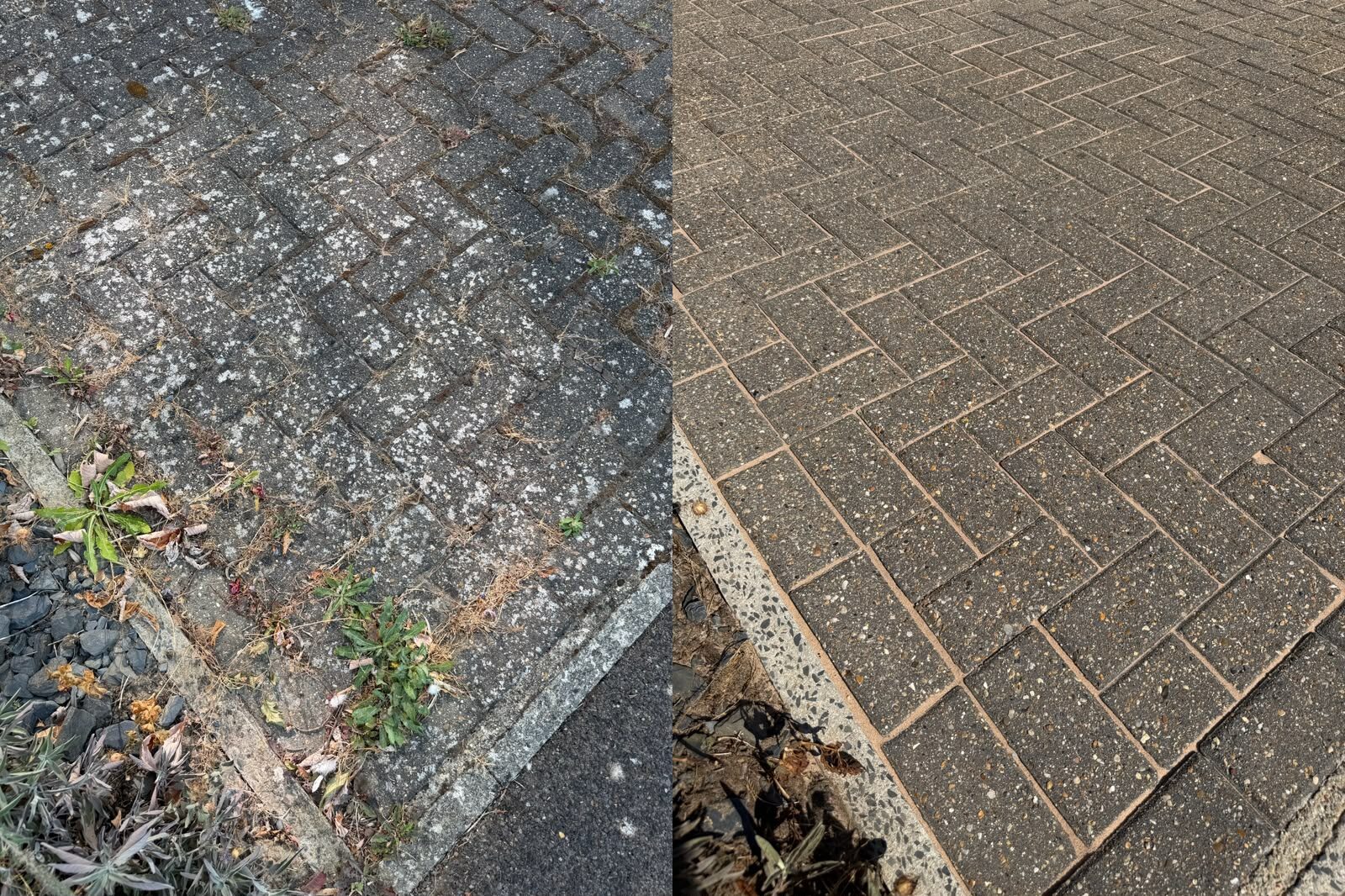 Close-up before and after of a block paving edge course and kerb line cleaned of weeds, moss and ingrained dirt