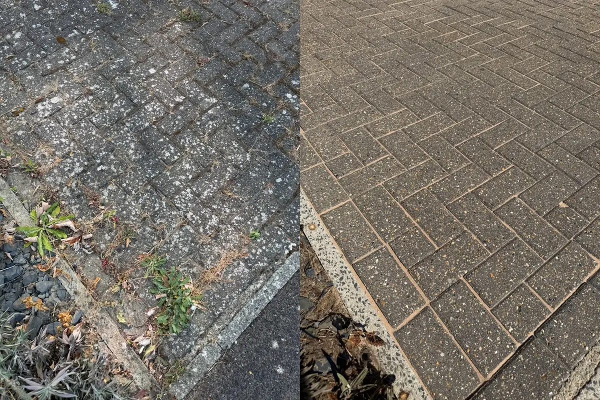 Close-up before and after of a block paving edge course and kerb line cleaned of weeds, moss and ingrained dirt