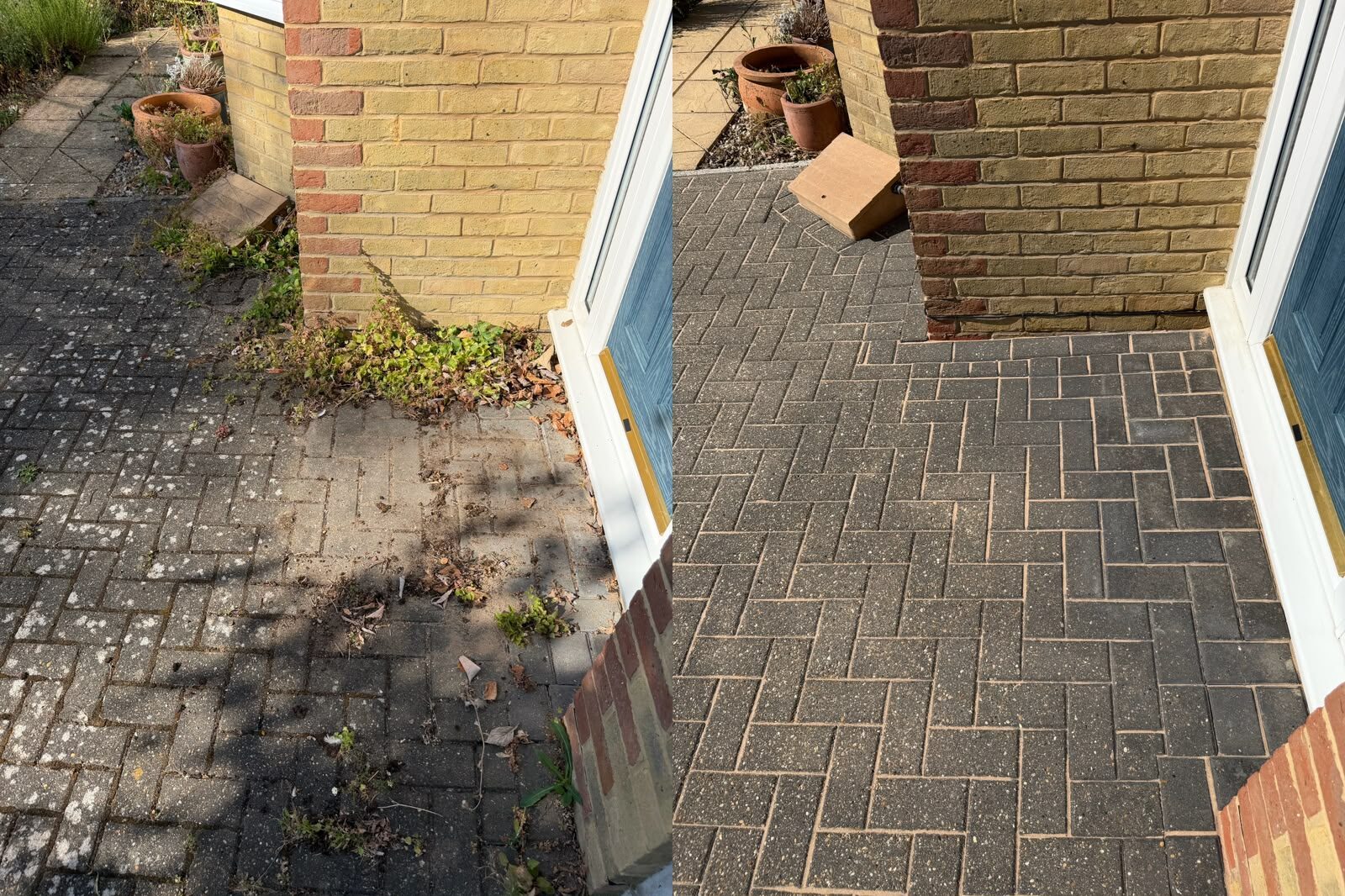 Before and after of the block paving beside the front door, with weeds and debris removed from the entrance