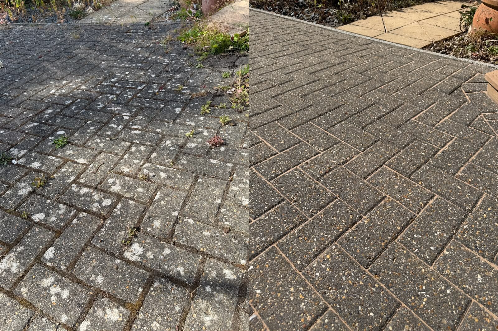 Close-up before and after of block paving joints showing lichen and dirt removed and fresh kiln-dried jointing sand in the joints