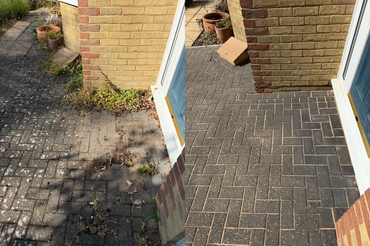 Before and after of the block paving beside the front door, with weeds and debris removed from the entrance