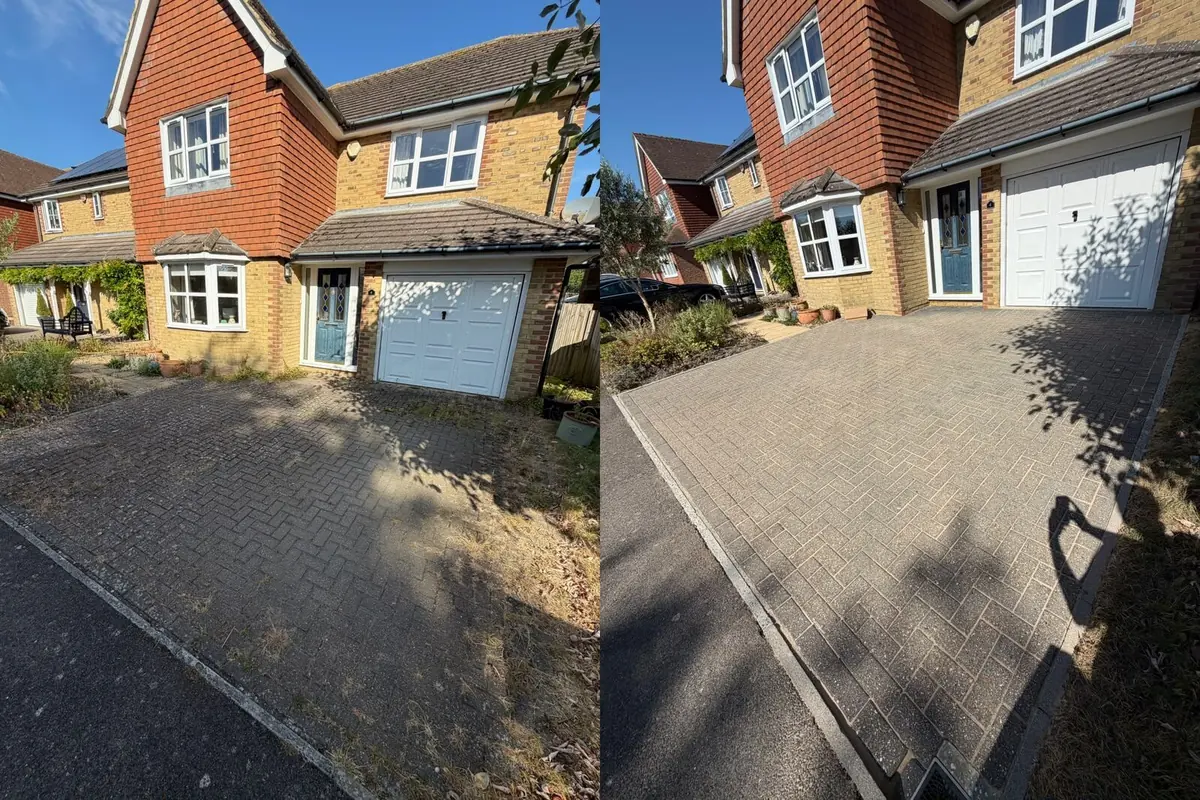 Before and after block paving driveway cleaning in South East Kent, showing a dirty herringbone driveway cleaned and re-sanded in front of a house