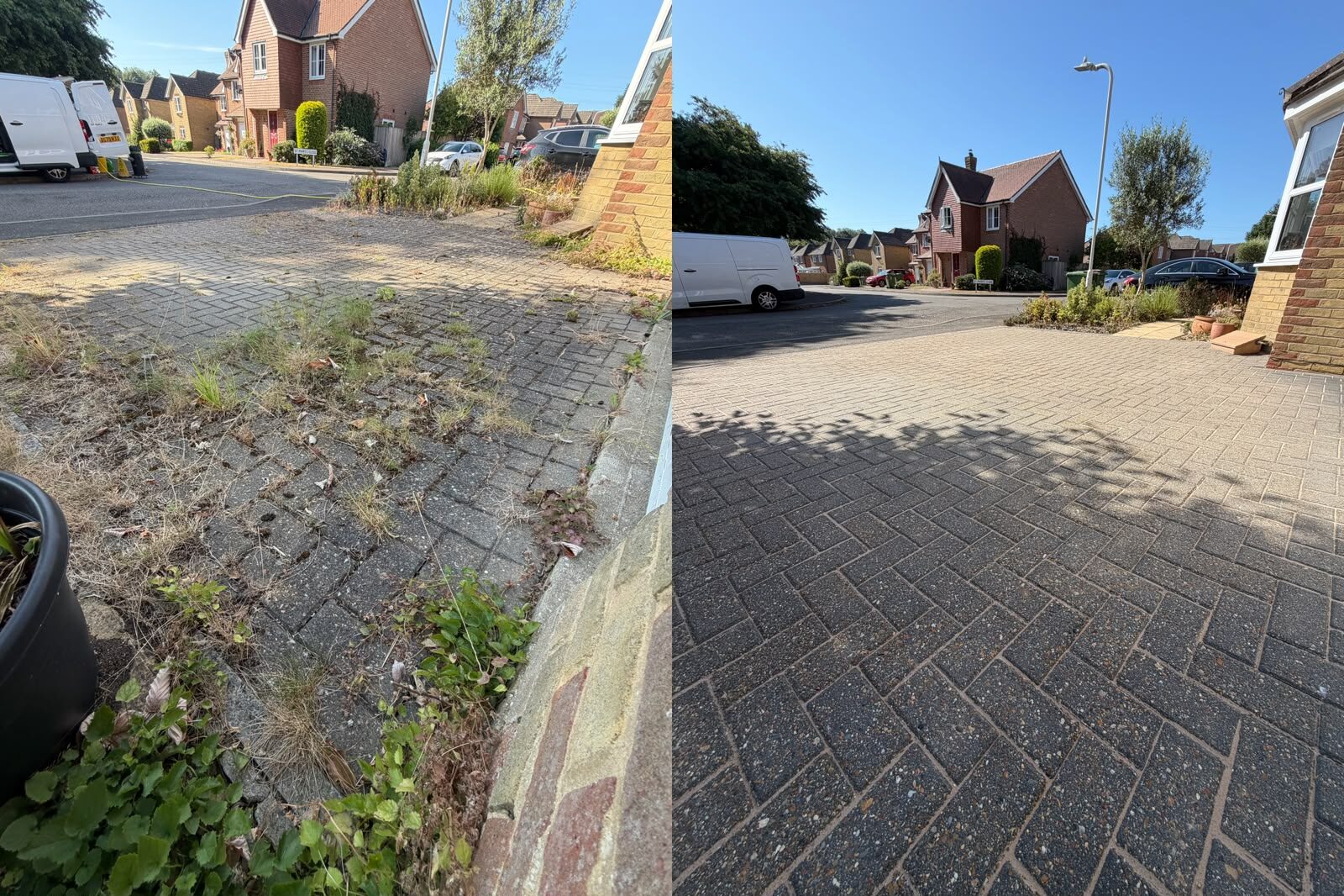 Before and after view of a weed-covered block paving driveway cleared of weeds and cleaned back to an even finish