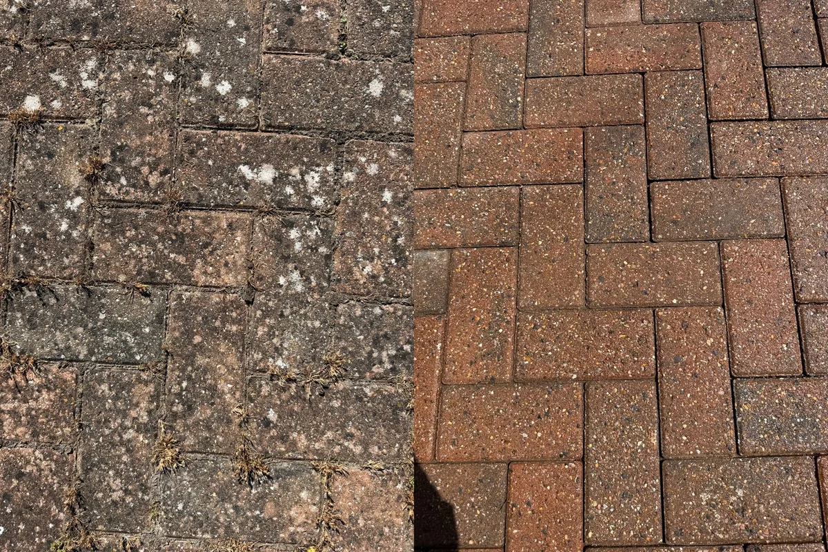 Close before-and-after comparison showing weathered block paving after cleaning